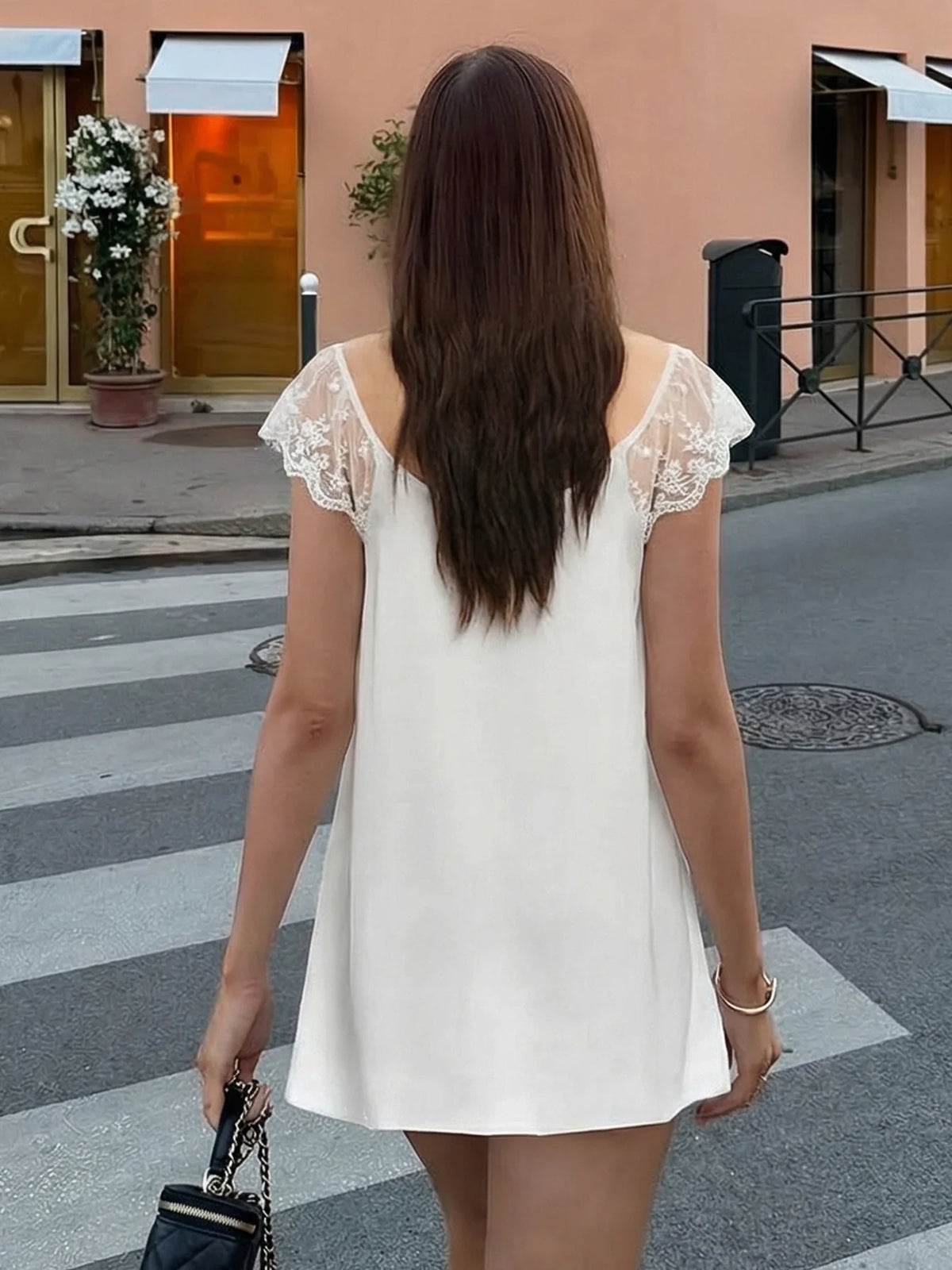 Lace Trim Satin White Dresses for Woman Summer 2026 Square Neck Short Sleeve Mini Dress