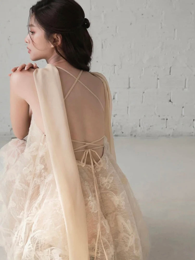 Jacquard Scarf+Dress Women Patchwork Cross Bandage Backless Elegant Banquet Birthday Party Sleeveless Mini Bodycon