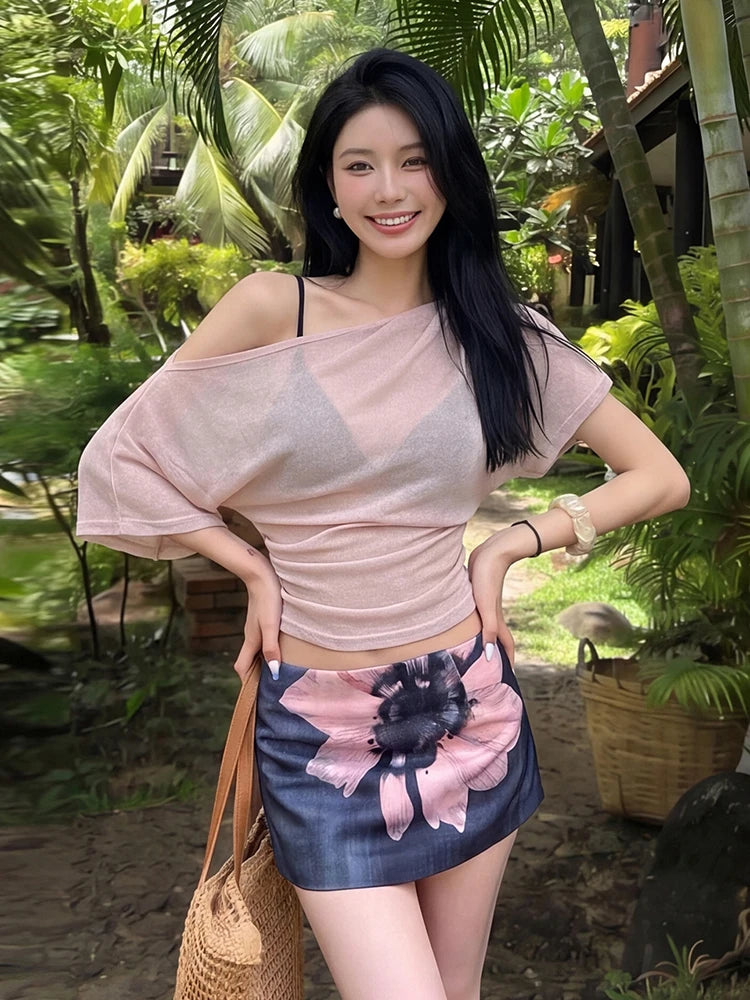 Vacation 2-Piece Set Women Skew Collar Simple See Through t-Shirt+Art Flower Print Mini Skirt Sweet Fashion Suits