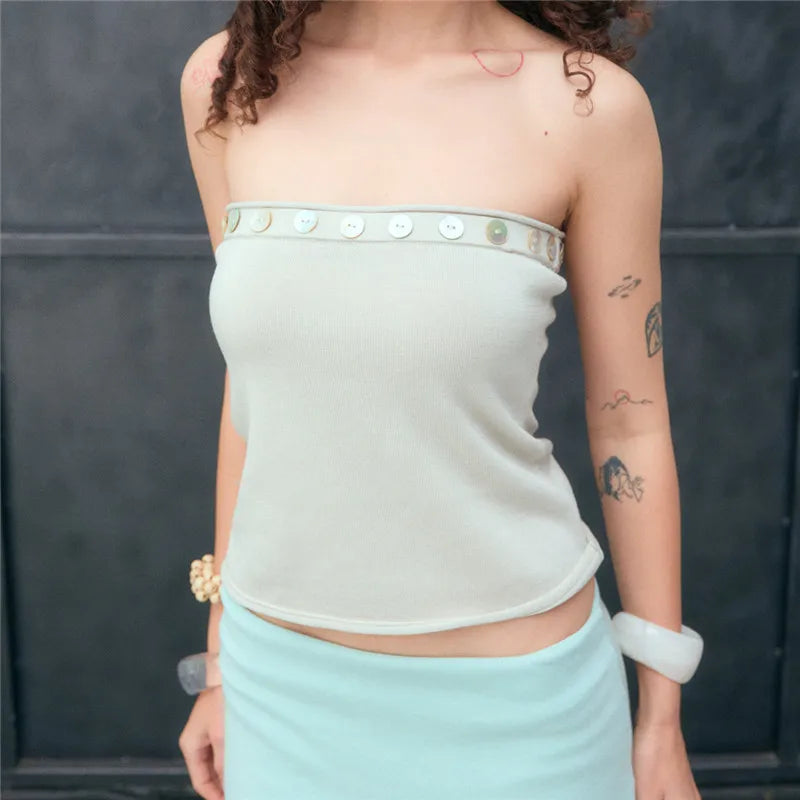 Women Slim Strapless Bandeau Top Shell Buttons Edge Decor Soft Knit Tube Top Y2K Aesthetic Summer Going Out Camisole