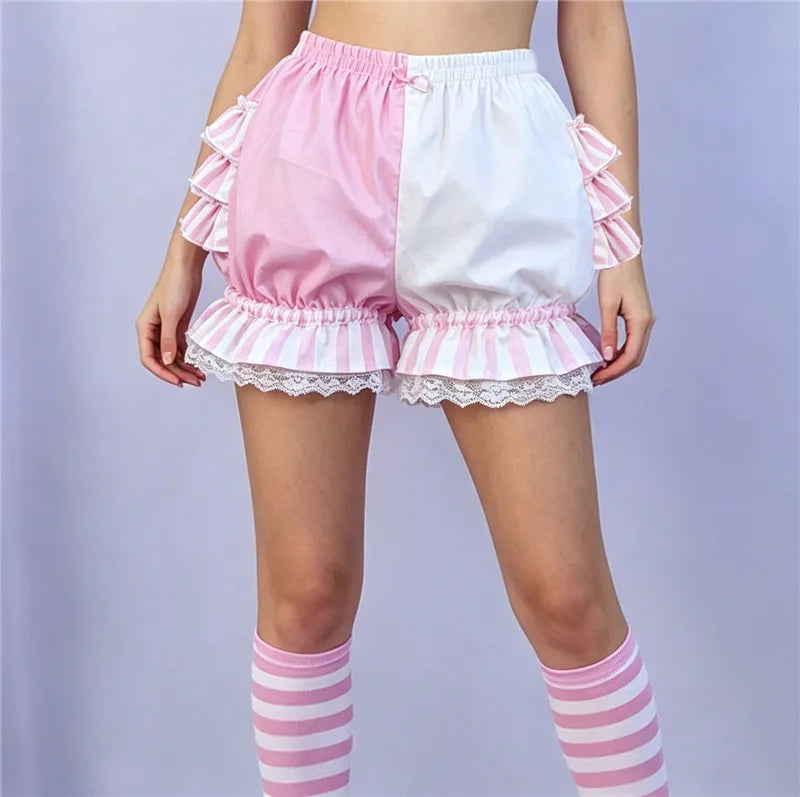 Lolita Women Bloomers Shorts Color Block Patchwork Ruffle Lace Elastic Waist Pumpkin Pantalettes Sweet Cosplay Bottoms
