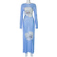 Mesh See Through Sexy Print Maxi Dress Women Summer Fashion Long Sleeve Lace-up Backless Beach Club Party Long Dress