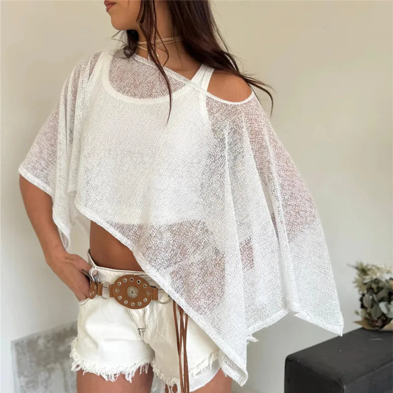 Summer Women's Sheer Mesh Cropped Poncho Top Asymmetric Hem Loose Off Shoulder See-Through Cover-Up Beachwear