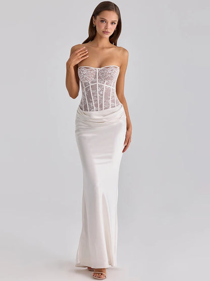 White Lace Corset Satin Sexy Maxi Dress Women Elegant Strapless Sleeveless Backless Bodycon Club Party Long Dresses