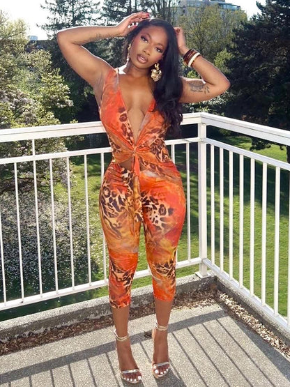 Hollow Cross Knot Romper Women Sexy Sleeveless Bandage Leopard Print Sexy Workout Activity Streetwear Skinny Playsuit