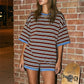 Striped Two Piece Outfit Women Contrast Trim Oversized Short Sleeve Tee And Elastic Waist Shorts Casual Loungewear Set