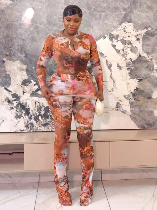 Hipster Sexy Colorful Print Jumpsuit Women See Through Hollow Coquette Club Activity Midnight Midnight Party Overalls