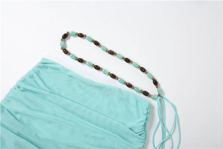 Mesh Patchwork 2 Piece Set Woman Skew Collar Backless Navel Exposed Tops+Beads Tassel Long Skirts Ruched Elegant Suit