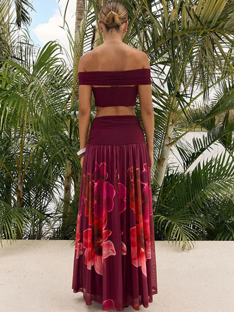 Print Two Piece Set Women Elegant Strapless Crop Top And Maxi Skirt Sets Female Pleated Beach Club Party Dress Set