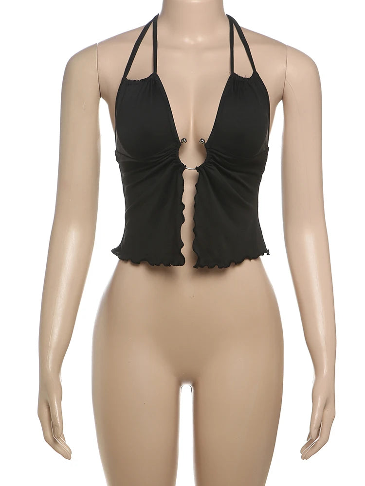 Irregular Hollow Sexy Camisole Women Lace-Up Halter Backless Ruched Ruffles Hem Hot Girls Street Hipster Tank Tops