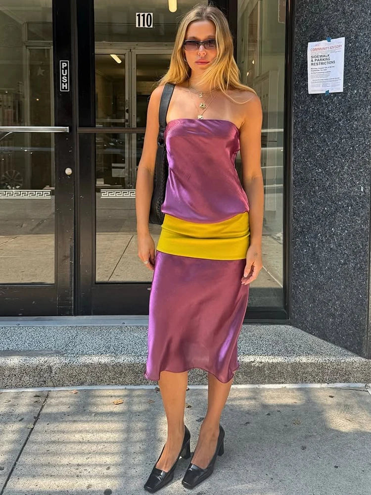 Sexy Color Blocking Dress Women Fashion Trend Bright Silk See Through Sleeveless Elegant Simple Party Street Bodycon