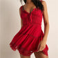 Women Spaghetti Strap Babydoll Dress Lace Trim V Neck Tiered Ruffle Hem Backless Smocked Flowy Mini Dress Vacation Beach