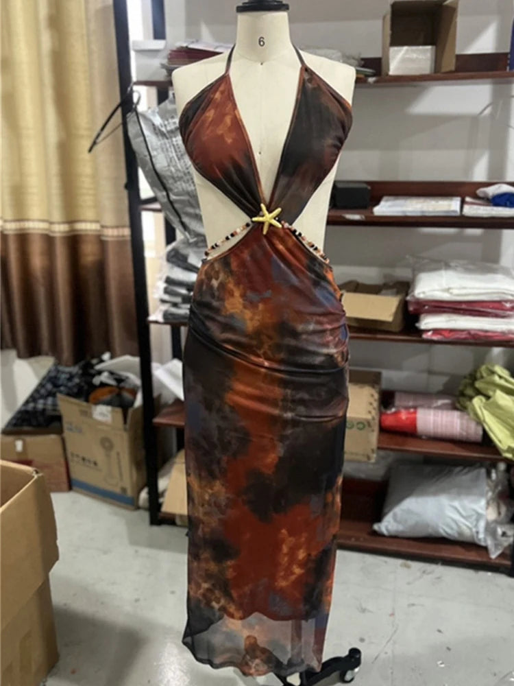 Irregular Hollow Pearl Chains Patchwork Maxi Dress Women Sexy See Through Lace-Up Halter Backless Fashion Vestidos