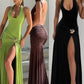 Side Split Maxi Dress Women Y2K Backless Ruched Halter Bandage Low-Neck Sleeveless Metal Trim Ribbon Elegant Vestidos