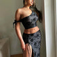 Flocking Sexy 2 Piece Set Women See Through Skew Collar Tank Tops+Wrapped Long Skirts Matching Summer Trend Clubwear