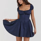 Square Collar Pleated Mini Dress For Women Navy Blue Fashion Short Sleeve Backless A-line Club Party Sexy Dress Elegant