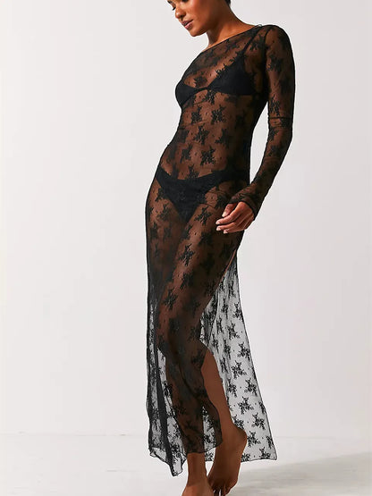 Womens Y2K Sheer Lace Maxi Dress Long Sleeve See Through Mesh Floral Lace Split Bodycon Dress Beach Coverups Party Dress
