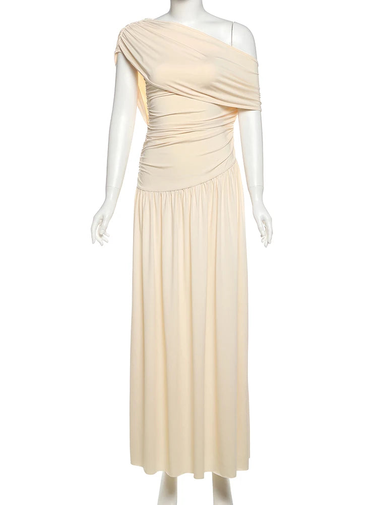 Inclined Shoulder Dress Women Y2K Sexy Irregular Patchwork Ruched Stretch Summer Elegant Classic Vestidos Clubwear