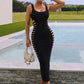 Fashion Hollow Dress Women Trend Elegant Patchwork Backless Sleeveless Stretch Sexy Evening Party Club Long Bodycon