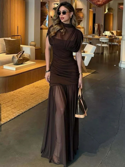 Mesh Sheer Flowy Pleated Maxi Dresses Elegant Wedding Guest Dress Women Clothing Party Outfits