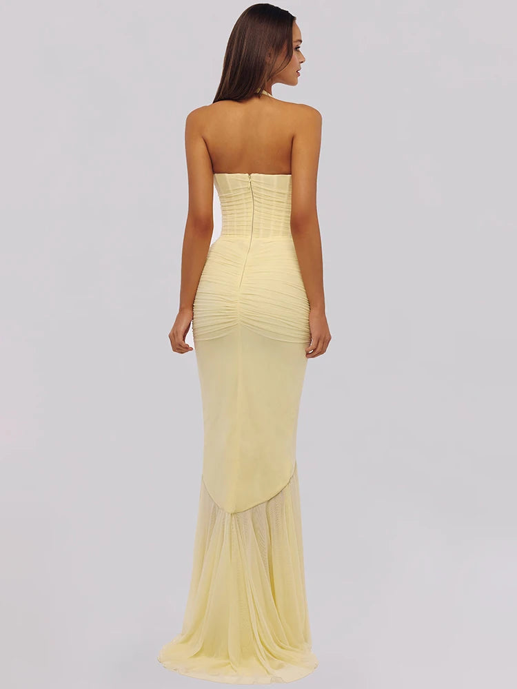 Mesh Deep V Neck Backless Sexy Maxi Dress Women Elegant Halter Off-shoulder Sleeveless Ruffled Club Party Long Dress