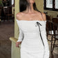 Knitted White Bodycon Dress Off The Shoulder Long Sleeve Short Dresses Sexy Outfits Women Clothes Fall 2025