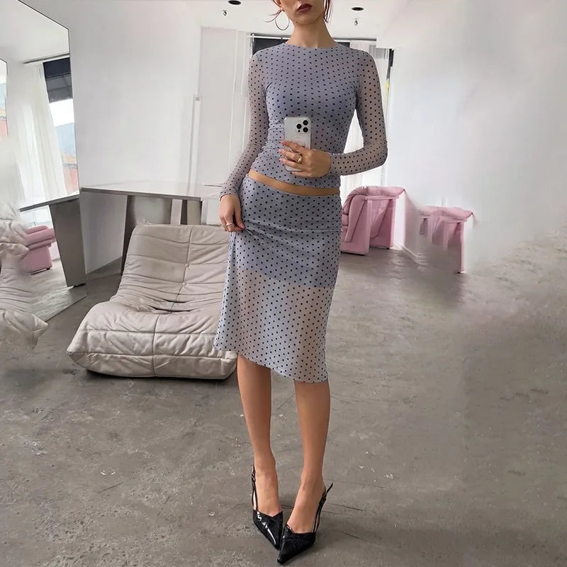 Light Blue Polka Dot Sheer Mesh 2 Piece Set Long Sleeve Top and Midi Skirt Coords Set for Woman Fall Outfits