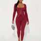 Hottie Tracksuits 2-Piece Set Women Shirring Square Collar Crop Top+Pants Matching Simple Sporty Stretch Slim Outfits
