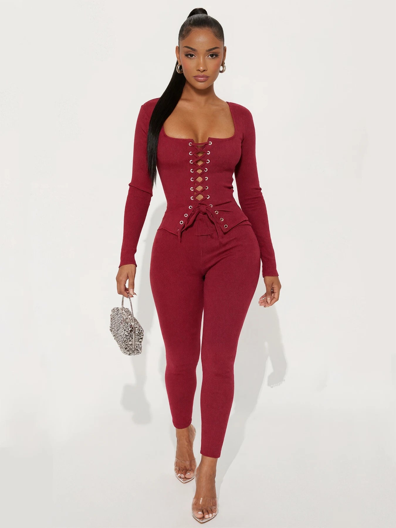 Hottie Tracksuits 2-Piece Set Women Shirring Square Collar Crop Top+Pants Matching Simple Sporty Stretch Slim Outfits