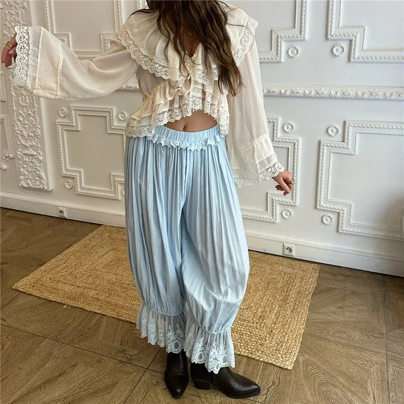 Casual Lace Trim Bloomers Women Ruffle Elastic Waist Loose Harem Trousers Lace Ankle Cuff Daily Vacation Baggy Pants
