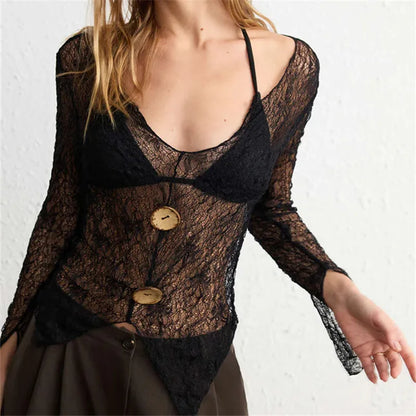 Women Sheer Lace Long Sleeve Top V Neck Halter Button Decor Asymmetrical Hem See Through Blouse Y2K Aesthetic Clubwear
