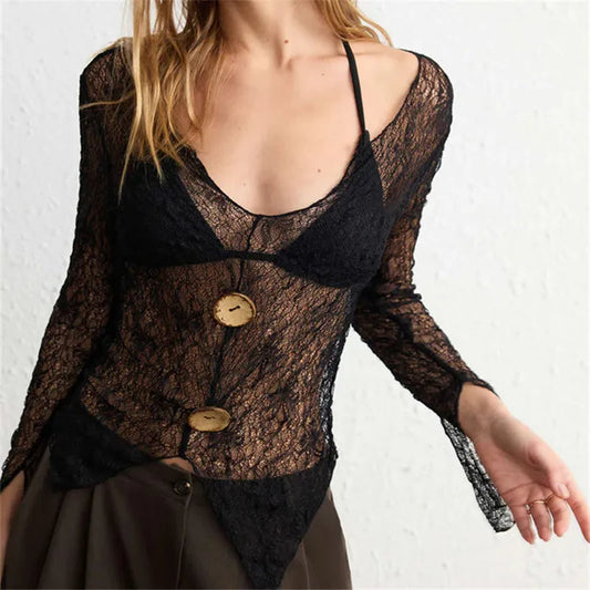 Women Sheer Lace Long Sleeve Top V Neck Halter Button Decor Asymmetrical Hem See Through Blouse Y2K Aesthetic Clubwear