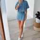Chic Women Denim 2 Piece Set V Neck Short Sleeve Jean Tunic Tops Irregular Hem Mini Skirt Shorts Set Y2K Streetwear