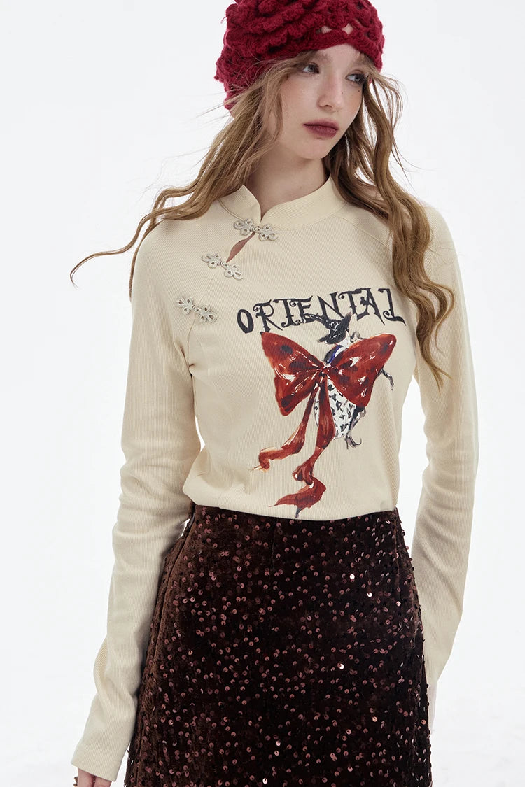 2025 Winter New Arrivals Y2K Chinese Style Irregular Button Collar Bow Graphic Long Sleeve Tshirt For Women