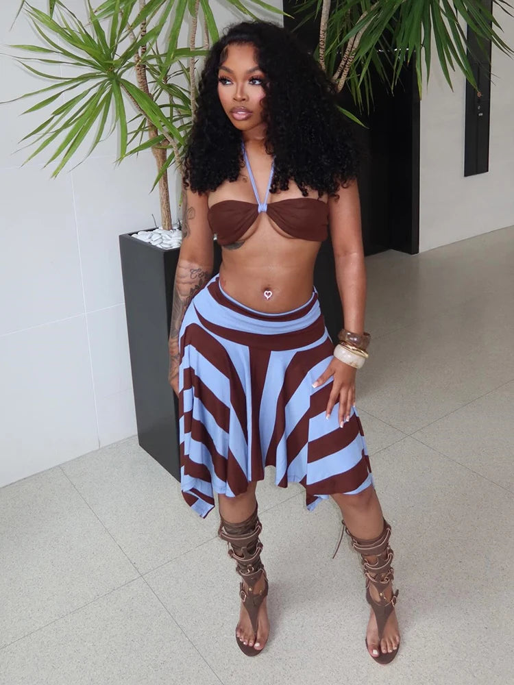 Sexy Fashion 2 Piece Set Woman Halter Long Rope+Skinny Tube Tops+Stripe Patchwork Mid Skirts Beach Party Style Suits