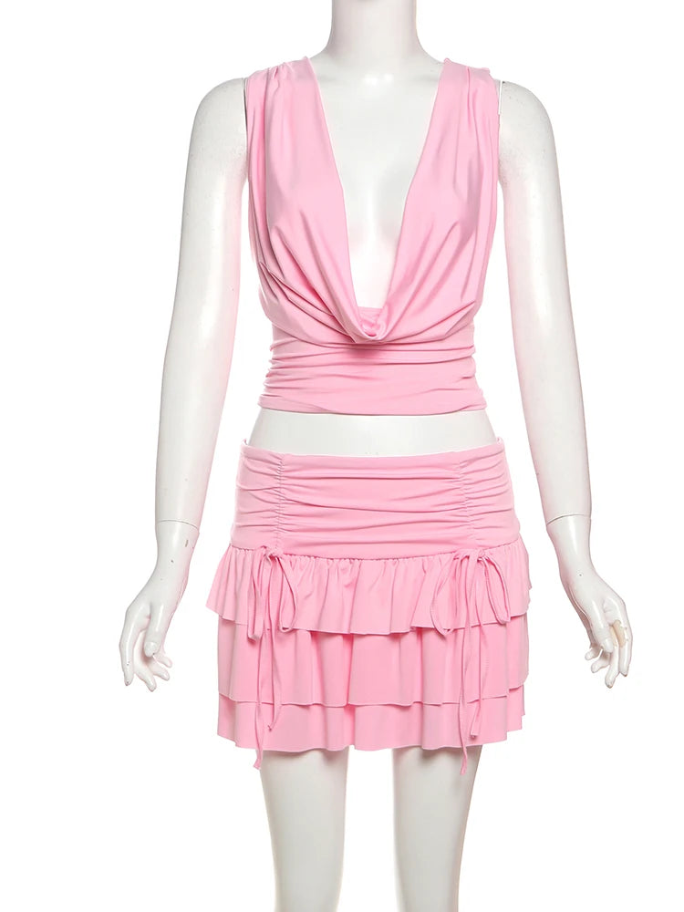 Sexy Chic 2 Piece Set Women Halter Swing Collar Tank Tops+Tierred Skirts Matching Beach Vacation Elegant Clubwear