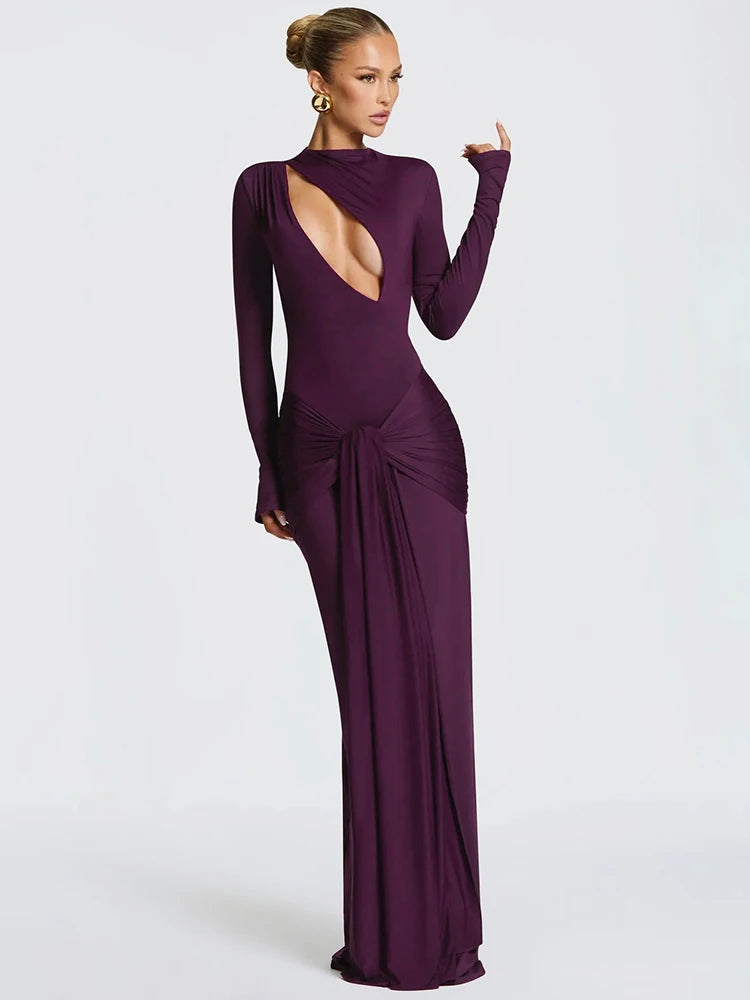 Hollow Out Long Sleeve Sexy Maxi Dress Women Gown Elegant O Neck Draped Ruched Bodycon Club Party Long Dress Fashion