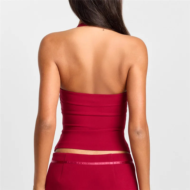 Women's Summer Sexy Halter Neck Crop Top Cutout Metal Buckle Backless Sleeveless Y2K Blouse for Party Club Going Out