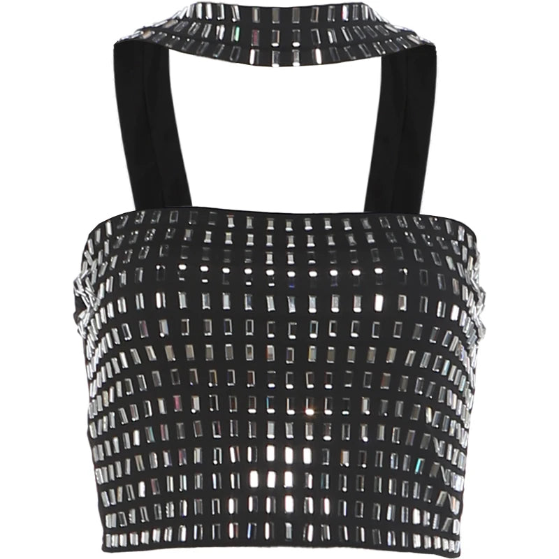 Rhinestone Applique Tank Tops Women Hottie Chic Halter Backless Patchwork Stretch Coquette Midnight Party Clubwear