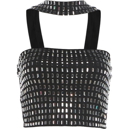 Rhinestone Applique Tank Tops Women Hottie Chic Halter Backless Patchwork Stretch Coquette Midnight Party Clubwear