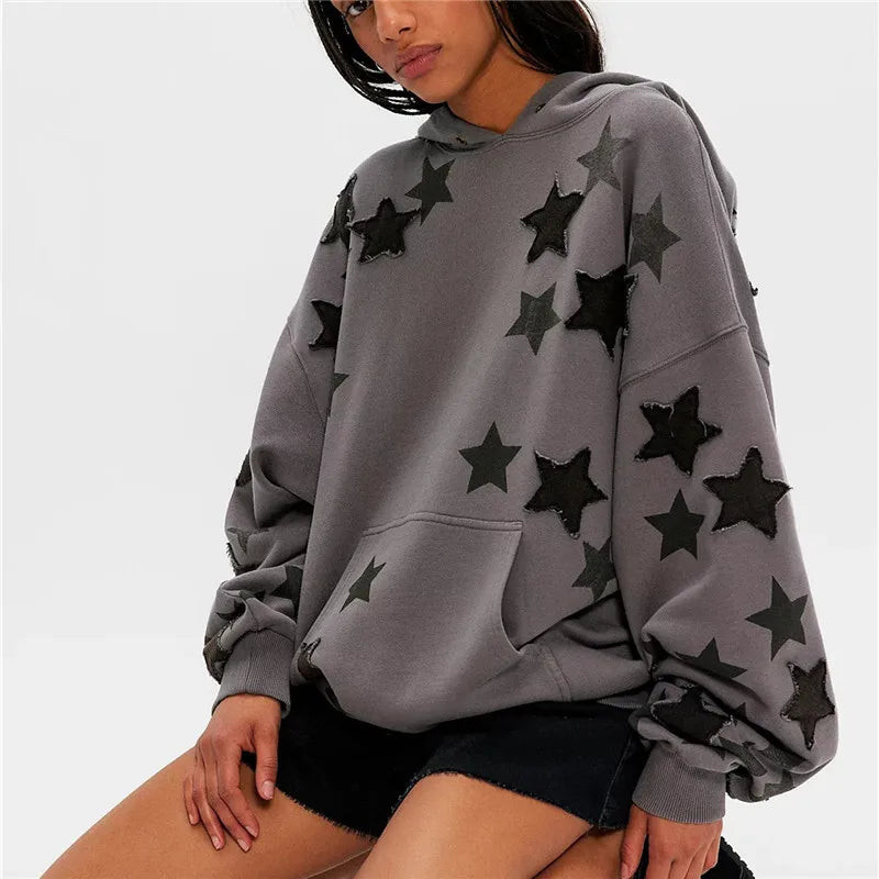 American Casual Oversized Star Patch Hoodie Women Vintage Loose Drop Shoulder Kangaroo Pocket Everyday Street Sweatshirt