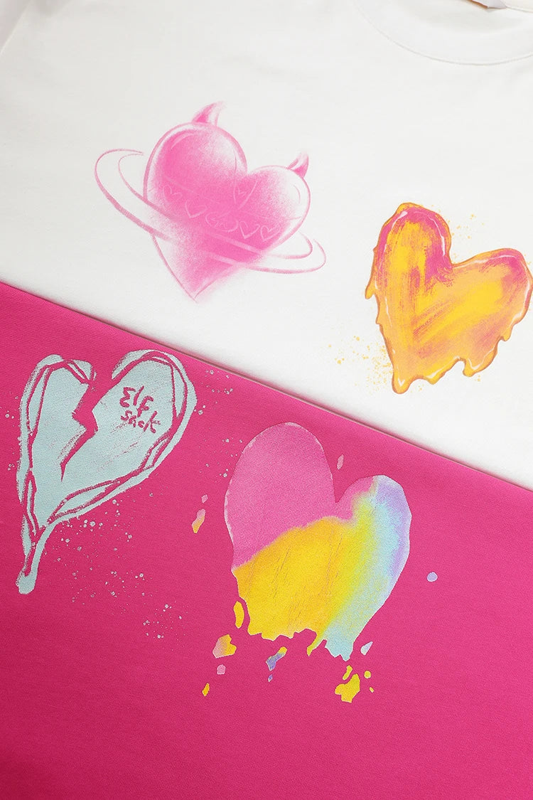 Women's Oversized T-Shirt with Colorful Heart Graffiti, Artistic Liquid Heart Print Tee for Summer, Chic Casual Cotton T