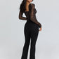 Lace Long Sleeve Backless Sexy Bodysuit Women Tops Black Square Collar Skinny Bodysuits T-shirt Club Party Bodysuit