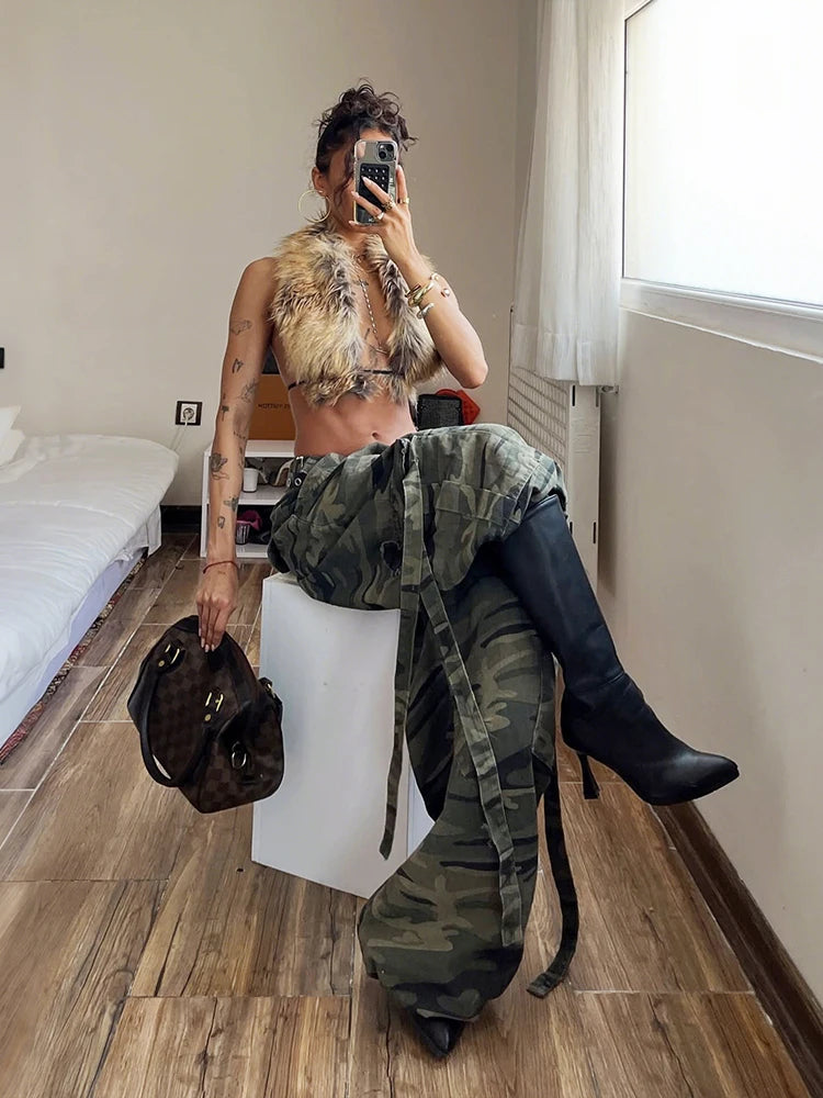 Gradient Fluffy Vest Women Halter Backless Sexy Hottie Hip-Hop Style Midnight Wild Party Sweetwear Fashion Coquett Tops