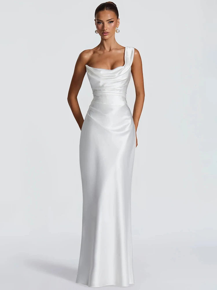 Elegant Satin One Shoulder Evening Dress Women Cowl Neck Sleeveless Bodycon Maxi Dress 2026 Spring Summer Party Gowns