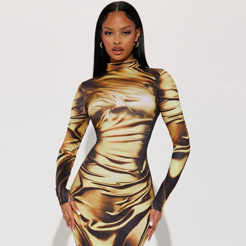 Fashion 3d Printed Long Party Dresses for Women Winter Sexy Night Out Club Outfits Long Sleeve Bodycon Dress