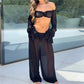 Women Sheer Mesh Beach Two Piece Outfit Off Shoulder Ruffle Flare Sleeve Crop Top Side Tie Wide Leg Pants Summer Coverup
