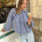 Womens Striped High Neck Blouse Puff Sleeve Open Back Bow Tie Shirt Loose Fit Vintage French Holiday Casual Tops
