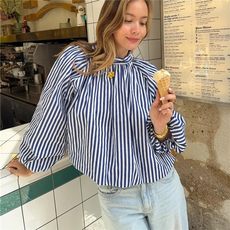 Womens Striped High Neck Blouse Puff Sleeve Open Back Bow Tie Shirt Loose Fit Vintage French Holiday Casual Tops