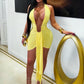 Tassel Classic Bandage Halter Dress Women u-Shaped Metal Ring Deep v-Neck Backless Sleeveless Folds Sexy Midnight Bodycon